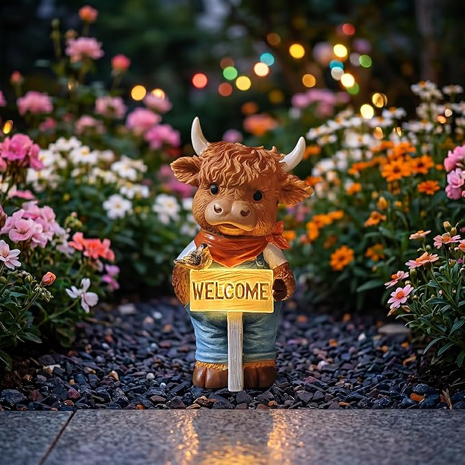 Solar-Powered Resin Highland Cow Welcome Statue with Light-Up Welcome Sign and Perched Bird, Garden Decor for Porch, Patio or Entryway