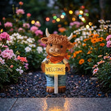 Solar-Powered Resin Highland Cow Welcome Statue with Light-Up Welcome Sign and Perched Bird, Garden Decor for Porch, Patio or Entryway