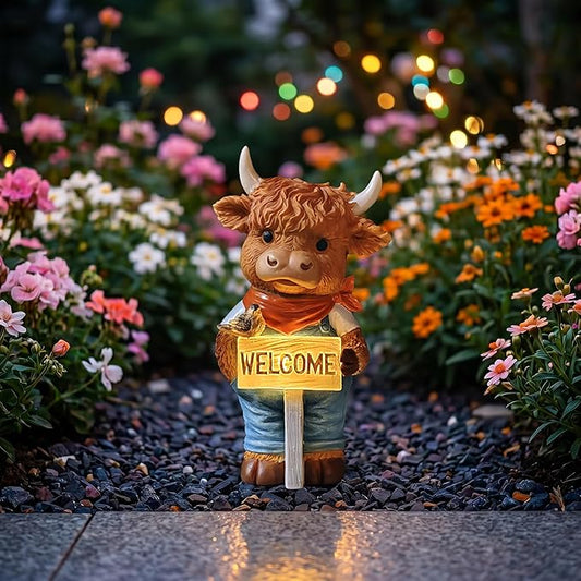 Solar-Powered Resin Highland Cow Welcome Statue with Light-Up Welcome Sign and Perched Bird, Garden Decor for Porch, Patio or Entryway
