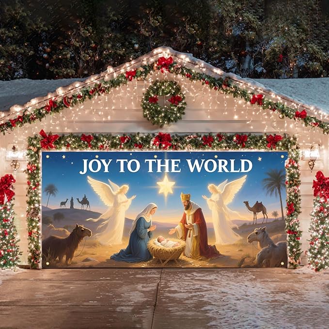 HOMETITUTE Christmas Garage Door Banner 13x6ft Joy to the World Nativity Scene Backdrop Banners for Outside Indoor Christmas Door Cover Garage Wall Covering for Party Garage Decorations