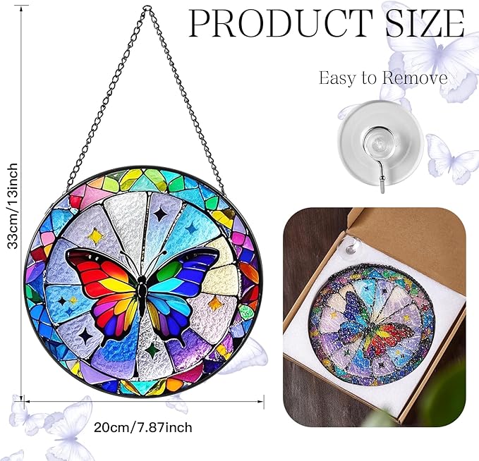 Butterfly Sun Catcher Stained Glass Window Hanging, 7.8" Suncatcher Glass Panel Window Decoration, Nature Lover Gift for Women, Wall Garden Art Decor, Gift for Birthday Christmas & Holidays