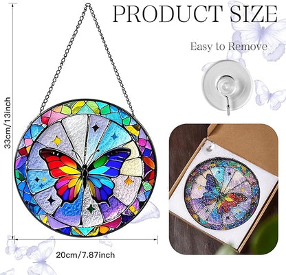 Butterfly Sun Catcher Stained Glass Window Hanging, 7.8" Suncatcher Glass Panel Window Decoration, Nature Lover Gift for Women, Wall Garden Art Decor, Gift for Birthday Christmas & Holidays
