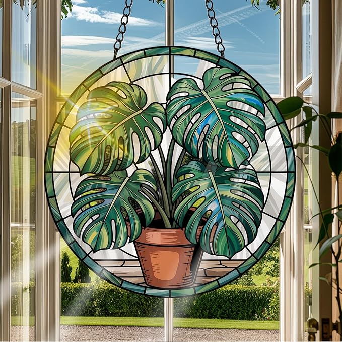 VAIIEYO Monstera Leaf Sun Catcher Stained Glass Window Hanging Ornament, Monstera Plant Sun Catcher Decoration, Plant Lover Decor, Plant Lover Gifts, Mother's Day Birthday Housewarming Gift 7.8 inch