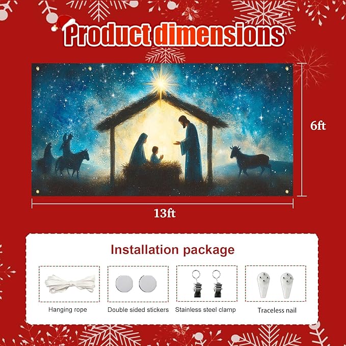 HOMETITUTE Christmas Garage Door Banner 13x6ft Holy Nativity Theme Backdrop Holiday Seasonal Decor Winter Door Cover Banners for Outside Garage Wall Covering for Party Garage Decorations