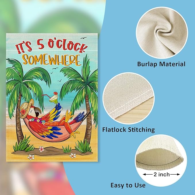 Welcome Summer Parrot Bird Decorative Garden Flag, It's 5 O'clock Somewhere Beach Coastal Tropical Palm Tree Yard Outside Decoration, Hawaii Nautical Outdoor Small Home Decor Double Sided 12x18