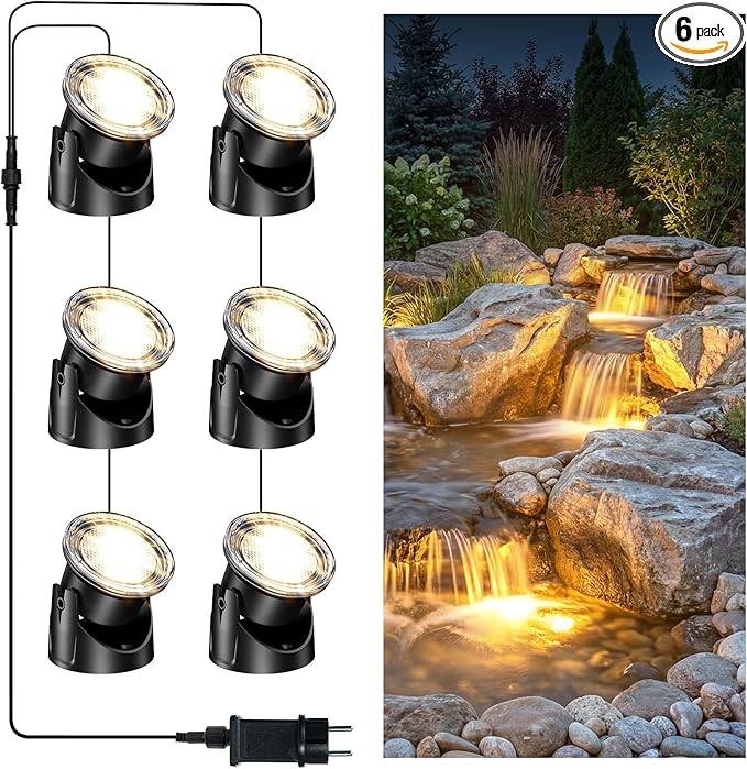 POPOSOAP LED Underwater Pond Lights 6-Head, IP68 Waterproof Pond Lights with Timer, 90° Rotatable Design & Gravity Base Fountain Lights for Pond Fountain Waterfall Aquarium Pool -P66HZ