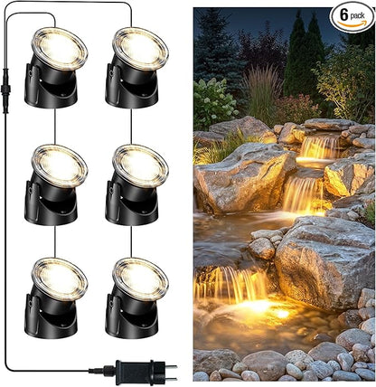 POPOSOAP LED Underwater Pond Lights 6-Head, IP68 Waterproof Pond Lights with Timer, 90° Rotatable Design & Gravity Base Fountain Lights for Pond Fountain Waterfall Aquarium Pool -P66HZ