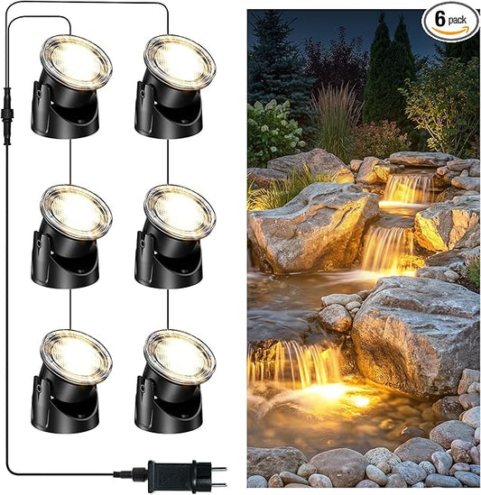 POPOSOAP LED Underwater Pond Lights 6-Head, IP68 Waterproof Pond Lights with Timer, 90° Rotatable Design & Gravity Base Fountain Lights for Pond Fountain Waterfall Aquarium Pool -P66HZ