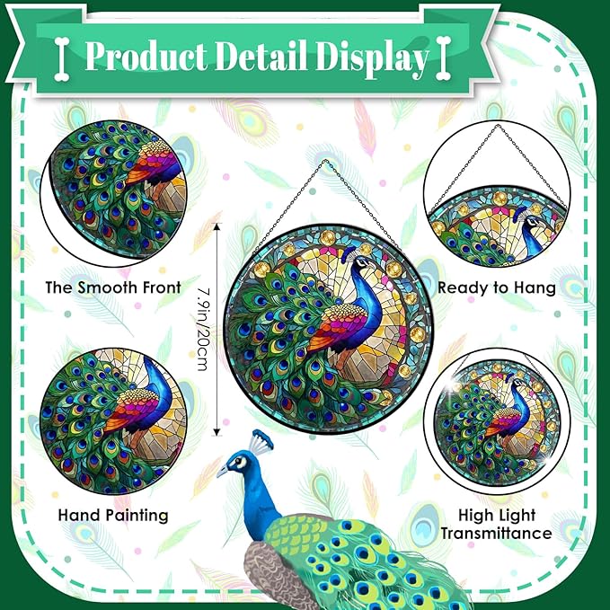 Stained Glass Window Hanging, 7.9" Peacock Suncatcher Ornament, Hand-Painted Round Stained Glass, Peacock Themed Gifts for Women & Bestie, Indoor/Outdoor Garden Wall Art & Housewarming Decor