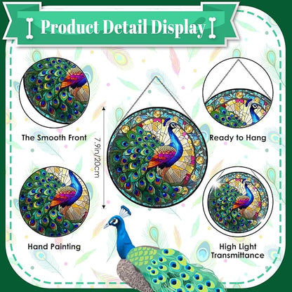 Stained Glass Window Hanging, 7.9" Peacock Suncatcher Ornament, Hand-Painted Round Stained Glass, Peacock Themed Gifts for Women & Bestie, Indoor/Outdoor Garden Wall Art & Housewarming Decor