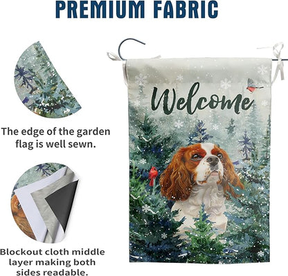 Welcome Winter Garden Flags Cavalier King Charles Spaniel Garden Flag Cardinal Birds on Snowy Pine Tree Flag Dog Yard Flags for Outside 12x18 Double Sided Christmas Decorative Lawn Flags