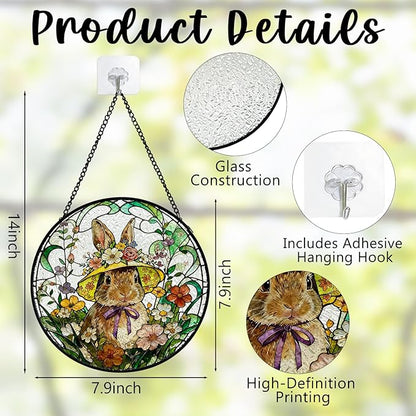 Spring Flower Easter Bunny Stained Glass Window Hanging, Rustic Wildflower Hat Rabbit Suncatcher Indoor Window Glass Round Wall Art Decor, 7.9x7.9 Inch