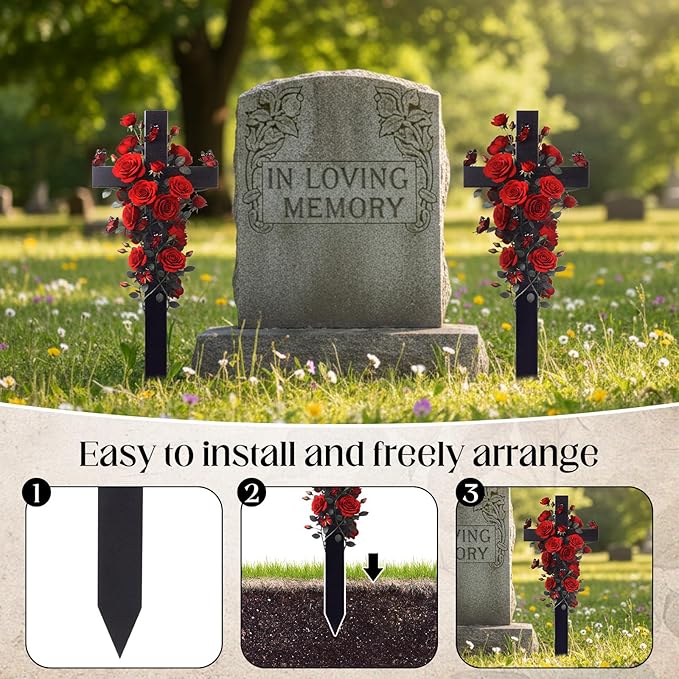 Frienda 2 Sets Cemetery Flowers Grave Stake Metal Floral Decor for Tombstone, Outdoor Gravesite Markers for Mom Dad, Memorial Day Spring Easter Grave Decor(Cross,Red)
