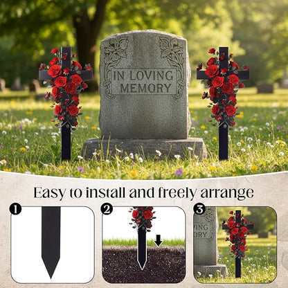 Frienda 2 Sets Cemetery Flowers Grave Stake Metal Floral Decor for Tombstone, Outdoor Gravesite Markers for Mom Dad, Memorial Day Spring Easter Grave Decor(Cross,Red)