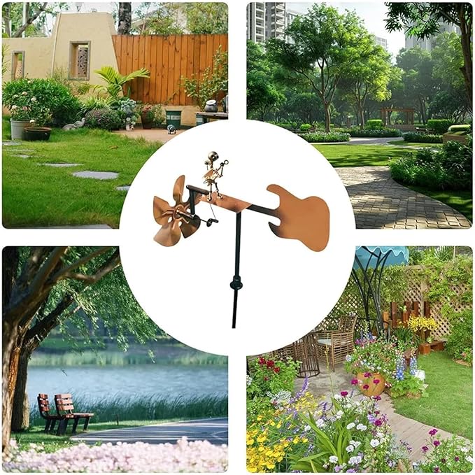 Handmade Metal Guitarist Windmill, Metal Art Musician Figurine Wind Mill, Percussionist and Musician Kinetic Spinners, for Garden, Yard, Lawn, Patio, Unique Art Gift for Music Lovers (Gold)