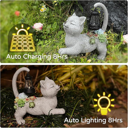 WENYLE Solar Garden Outdoor Statues,Cat Garden Statue with Succulent Solar Lantern, Cat Lover Gifts for Women