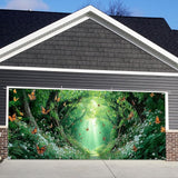 13x6 ft Enchanted Forest Path Garage Door Banner - Sunlit Tree Tunnel with Butterflies & Light Rays Backdrop, Hanging Nature Decor for Garden or Patio, Serene Outdoor Wall Art