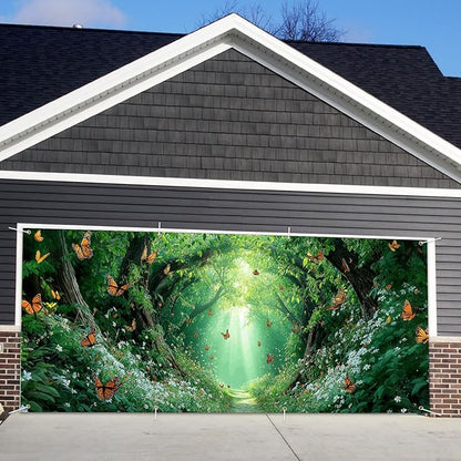 13x6 ft Enchanted Forest Path Garage Door Banner - Sunlit Tree Tunnel with Butterflies & Light Rays Backdrop, Hanging Nature Decor for Garden or Patio, Serene Outdoor Wall Art
