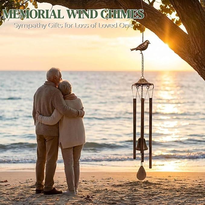 Wind Chimes for Outside – Memorial Wind Chimes for Loss of Loved One, Sympathy Gifts for Mom – Rustic Metal Garden Decor with Bird & Bell for Patio, Porch, Yard (Bronze, 29.5 Inch)