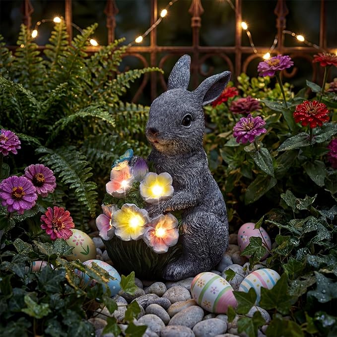 PETAFLOP Solar Garden Rabbit Statue Decor, Bunny Figurine with Flower Lights for Yard, Patio, Pathway, Lawn, Patio, Balcony