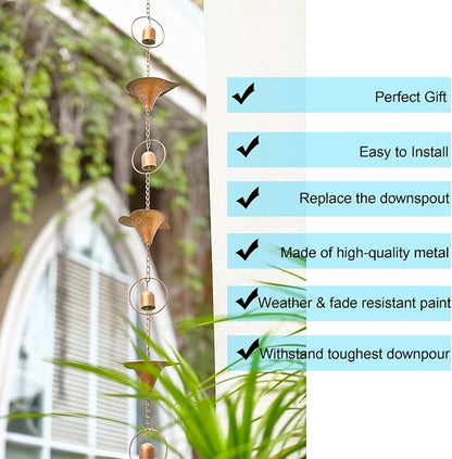 Metal Calla Lilies and Bells Rain Chain for Outside, Functional and Decorative Replacement Downspout Chain for Heavy Rain, Rain Catcher Chain for Gutters, 8.5FT, Patina Golden