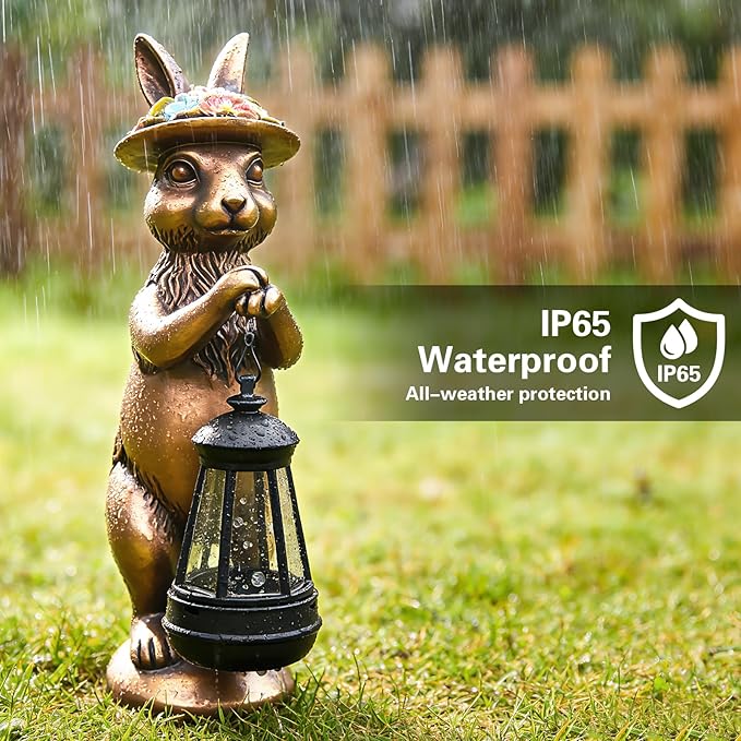 Garden Statue Solar Rabbit Outdoor - Easter Bunny Decor with Solar Powered Lantern,Patio, Lawn, Yard Ornaments, Waterproof Resin Figurines for Home, Birthday, Mother‘s Day Gift