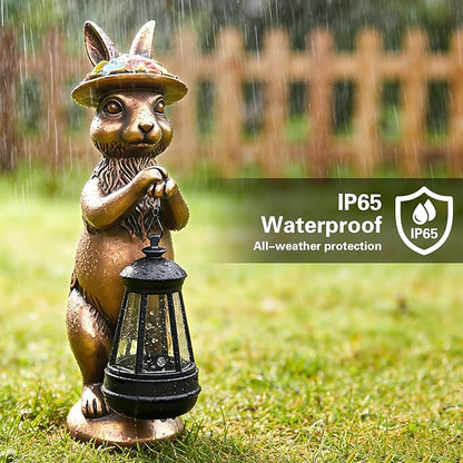 Garden Statue Solar Rabbit Outdoor - Easter Bunny Decor with Solar Powered Lantern,Patio, Lawn, Yard Ornaments, Waterproof Resin Figurines for Home, Birthday, Mother‘s Day Gift