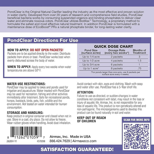 Airmax PondClear Packets, Beneficial Bacteria & Enzyme Clarifier Treatment with Ecoboost PRx, Clear & Clean Pond & Lake Water, Safe for Fish, 24 Count