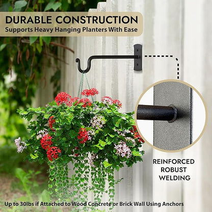 RTZEN Plant Hangers Outdoor or Indoor - Wrought Iron Metal Hanger Indoor Hook - Heavy Duty Wall Bracket Hooks for Hanging Plants Baskets Lanterns Wind Chimes - 2 Pack (Black Shepherds Hooks 10")
