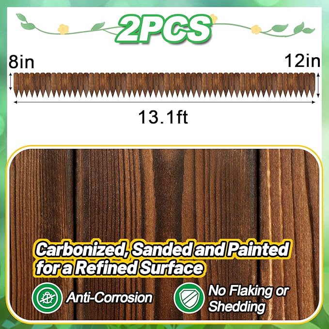 Rustic Pine Wood Garden Fence - 26.2ft Total Length (2pcs 13.1ft L*12in H) Easy to Install Sturdy Wooden Landscape Edging Border, No Fading Planter Fencing for Yard Flower Bed Lawns Pathway Tree