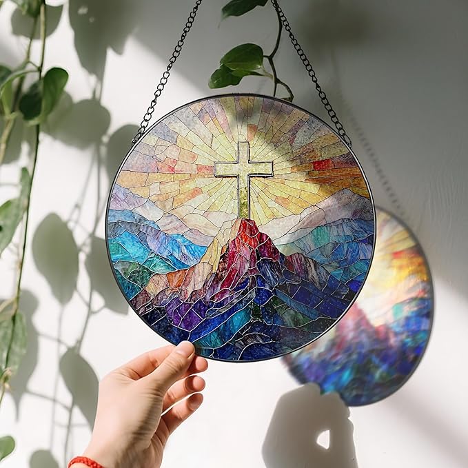 Stained Glass Suncatcher, Cross Sun Catcher Ornament, Easter Faith Cross; Stained Glass Window Hanging, Christmas Ornament, Jesus Home Decor, Christian Home Decor; Christian Gifts, Religious Gifts