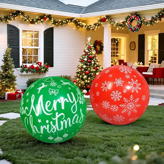 2 PCS 32 Inch Large Christmas Inflatable Balls Outdoor Inflatable Christmas Ball Ornaments for Xmas Garden Lawn Yard Holiday Front Door Window Decoration