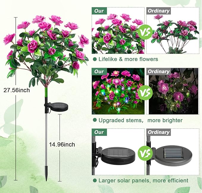 Ouddy Decor 4 Pack Solar Garden Lights, Solar Azalea Flowers with 56 Colorful LED Upgrade Waterproof Pathway Lights for Yard Decor Fence Patio Lawn Decor Mothers Day Gardening Gifts