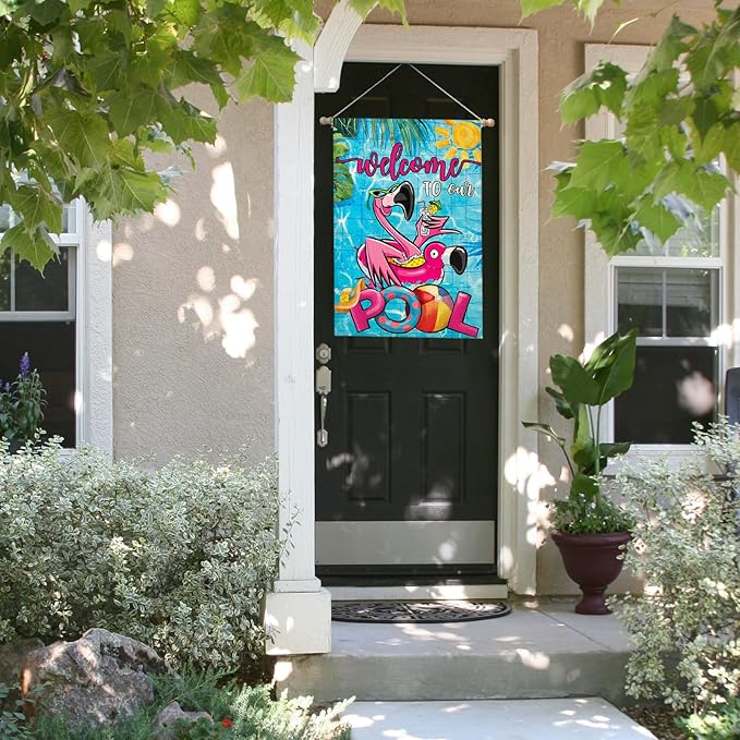 Summer POOL House Flags for Outdoor, Flamingo Welcome to Our POOL Yard Flags for Outside, Swimming Pool Decorative Flag for Farmhouse Party Holiday Decoration 28x40 Inch Double Sided