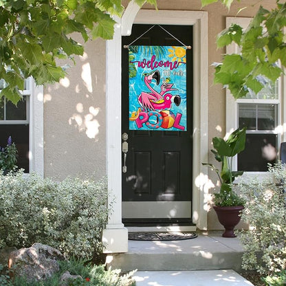 Summer POOL House Flags for Outdoor, Flamingo Welcome to Our POOL Yard Flags for Outside, Swimming Pool Decorative Flag for Farmhouse Party Holiday Decoration 28x40 Inch Double Sided