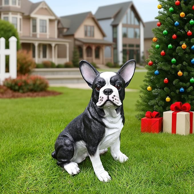 Outdoor Boston Terrier Dog Statue with Interchangeable Welcome Sign and Detachable Solar Lantern –LED Light Garden Dog Sculpture Décor Garden Statue Outdoor Dog Statue for Yard Gift