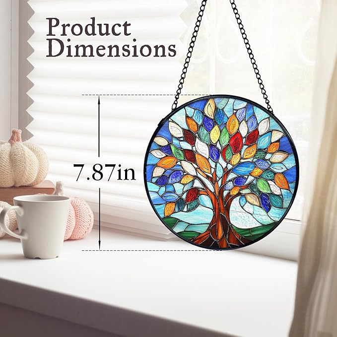 kdqua Tree of Life Suncatcher Stained Glass Window Hanging, Sun Catchers Indoor Window Glass Round Wall Decor, Nature Wall Art Hanging Decorations Statues Christmas & Birthday Gifts, 7.9x7.9in