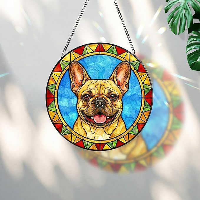 Stained Glass Dog Memorial Suncatcher,French Bulldog Window Hanging,Sympathy Gifts for Pet Loss,7.9 inch/20 cm Home and Garden Decor for Dog Lovers