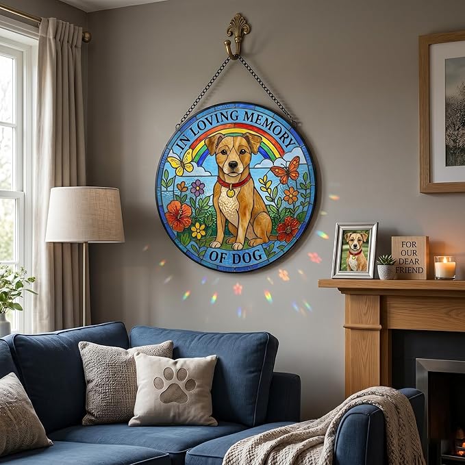 Dog Stained Glass Suncatcher - Double-Sided Light Transmission Stained Glass Window Hanging for Pet Loss Gift, Diamond Glass Sun Catchers Indoor Window Decor