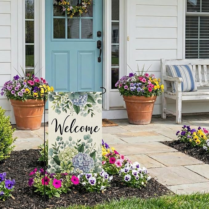 CROWNED BEAUTY Spring Garden Flag Hydrangea Eucalyptus 12x18 Inch Double Sided Small Seasonal Holiday Floral Decoration for Outdoor Lawn Yard