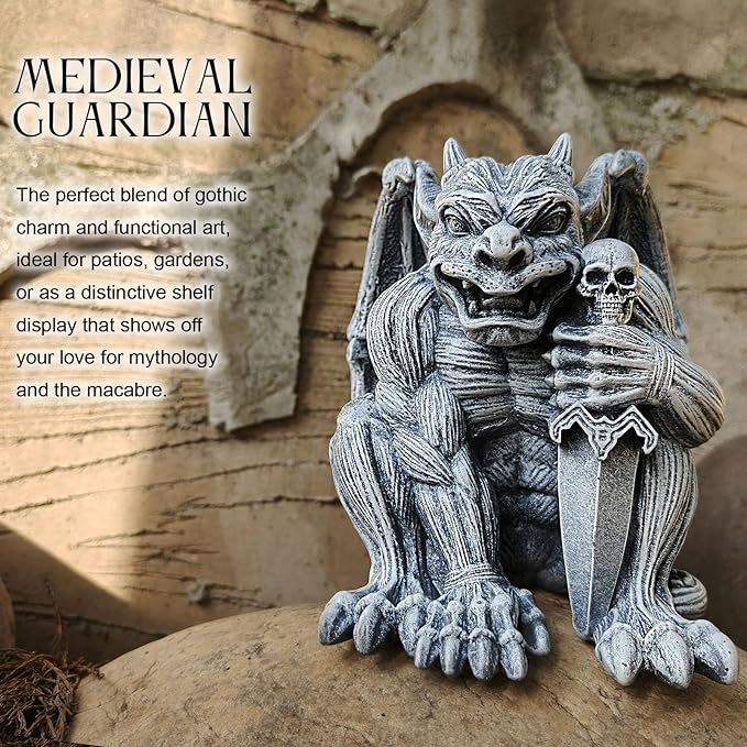 Resin Gargoyle Statue with Intricate Wings and Demonic Skull,Indoor Outdoor Patio Garden Backyard Halloween Home Decor