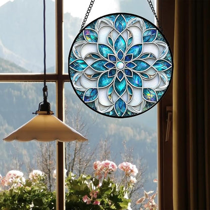 Stained Glass Window Hanging - Blue White Abstract Flowers Suncatcher for Door Terrace Garden Home Decor Boho Sun Catcher Birthday Gifts for Lovers Women Men Dad Mom Nana 7.8 in