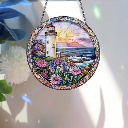 Bimkole Lighthouse Stained Glass Suncatcher Window Hanging - Flower Scenery Indoor Window or Doorway Decoration - Handmade Sun Catcher Decor for Garden Home Christmas & Birthday Gifts 7.87x7.87 inch