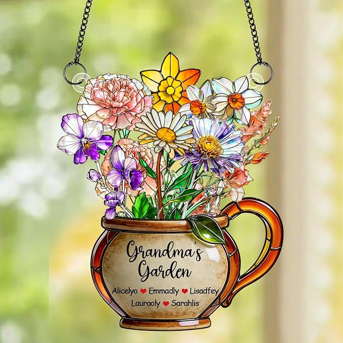 Personalized Grandmas Garden Stained Glass Acrylic Suncatchers, Custom Name Birth Month Flowers Window Hanging Ornament, Mothers Day Christmas Birthday Gifts for Grandma Mom Nana Mimi (Style 04)