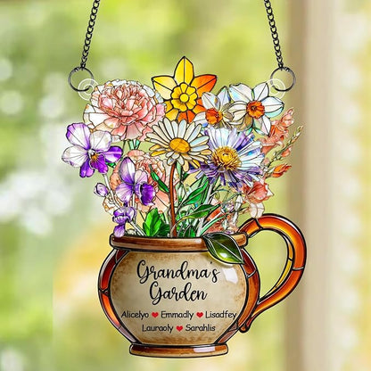 Personalized Grandmas Garden Stained Glass Acrylic Suncatchers, Custom Name Birth Month Flowers Window Hanging Ornament, Mothers Day Christmas Birthday Gifts for Grandma Mom Nana Mimi (Style 04)