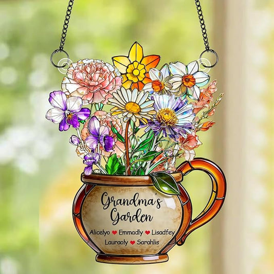 Personalized Grandmas Garden Stained Glass Acrylic Suncatchers, Custom Name Birth Month Flowers Window Hanging Ornament, Mothers Day Christmas Birthday Gifts for Grandma Mom Nana Mimi (Style 04)