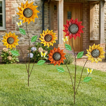 Metal Flowers for Outside, 30-Inch Iron Sunflower Garden Stakes Set of 2, Colorful Metal Yard Art for Outdoor and Garden, Decorative Garden Stakes for Patio & Lawn Decor