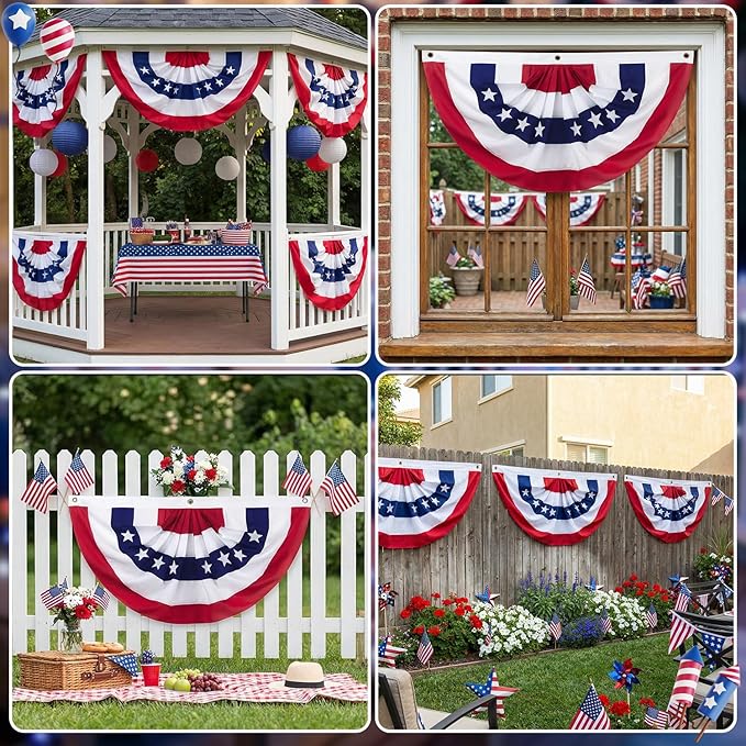 6 x 3 Ft 4th of July Decorations Big American Pleated Fan Flag, 3 Pcs Patriotic Decorations American Flag Bunting, Red White and Blue Half Fan Banner Bunting Flags Outdoor Indoor for Memorial Day Decor