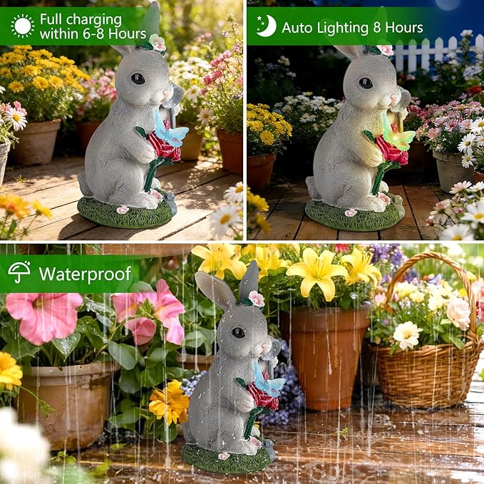 Solar Garden Decor Rabbit with Butterfly Statues Outdoor, Outdoor Figurine Statue Lights, Outdoor Garden Yard Lawn Patio Decoration, Unique House Warming Birthday Present for Women Family