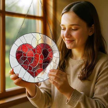 Stained Glass Window Hanging - 8 in Heart Suncatcher - Romantic Decor Love Gift - Gifts for Valentine's Day, Mother's Day, Christmas, Anniversary, Birthday - Gifts for Girlfriend, Couple, Wife, Her